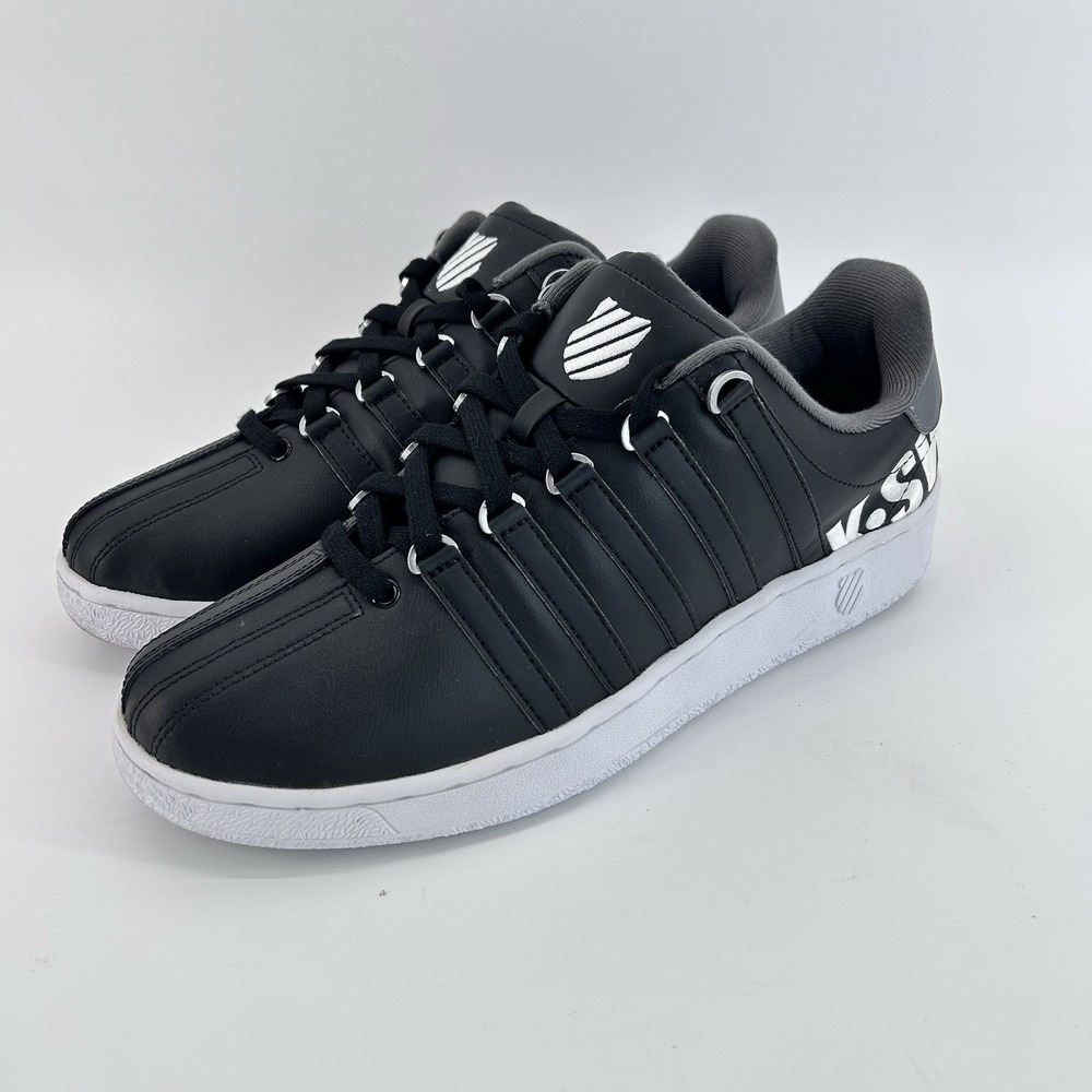 Black Leather Court Sneakers Mens 12 Minimalist Casual School Shoes K Swiss - Picture 4 of 11